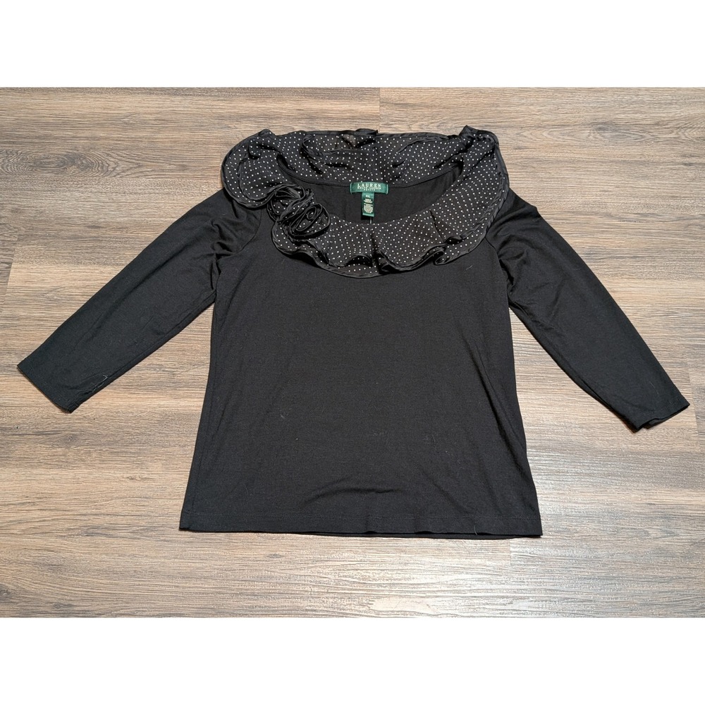 Lauren Ralph Lauren Polka Dot Ruffle Neck Long Sleeve Top Womens Petite L Black